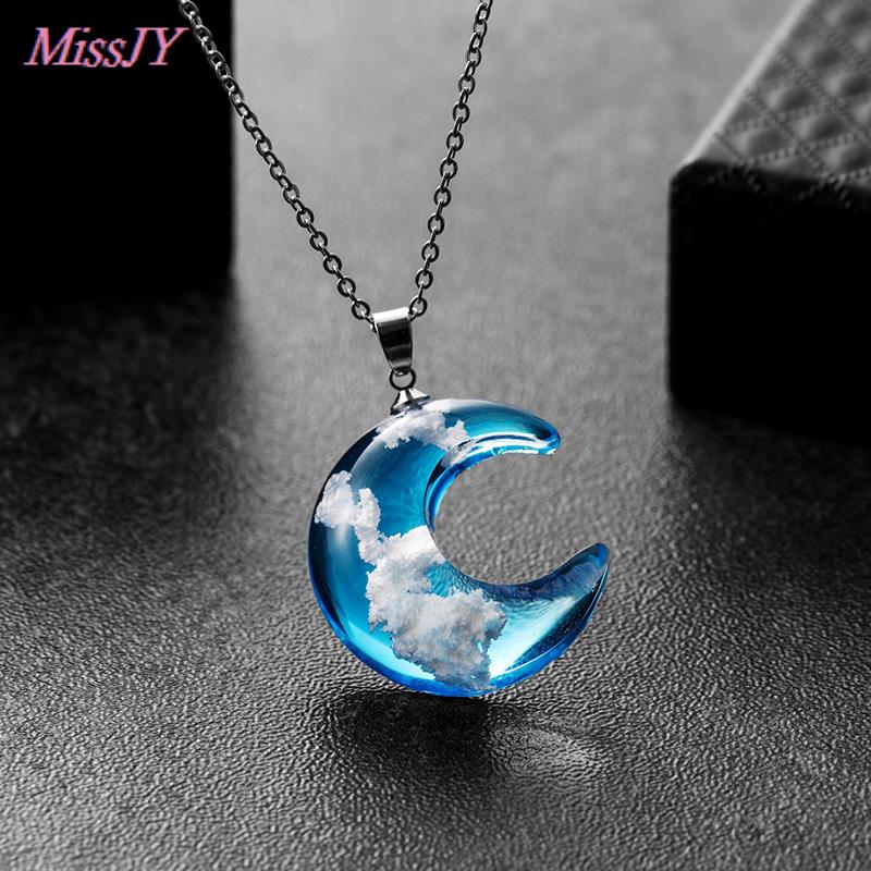 Transparent Resin Rould Ball Moon Pendant Necklace Women Blue Sky White Cloud Chain Necklace Jewelry