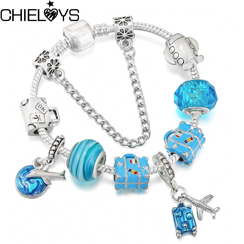 Travel Bag Beads Airplane Pendant Charm Bracelet For Women With Snake Chain Brand Bracelet  Jewelry