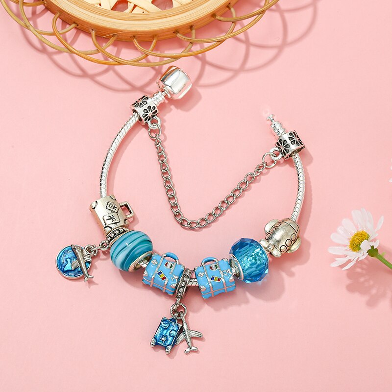 Travel Bag Beads Airplane Pendant Charm Bracelet For Women With Snake Chain Brand Bracelet  Jewelry
