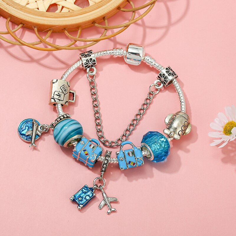 Travel Bag Beads Airplane Pendant Charm Bracelet For Women With Snake Chain Brand Bracelet  Jewelry