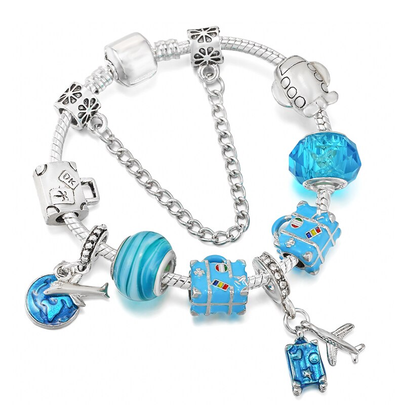 Travel Bag Beads Airplane Pendant Charm Bracelet For Women With Snake Chain Brand Bracelet  Jewelry