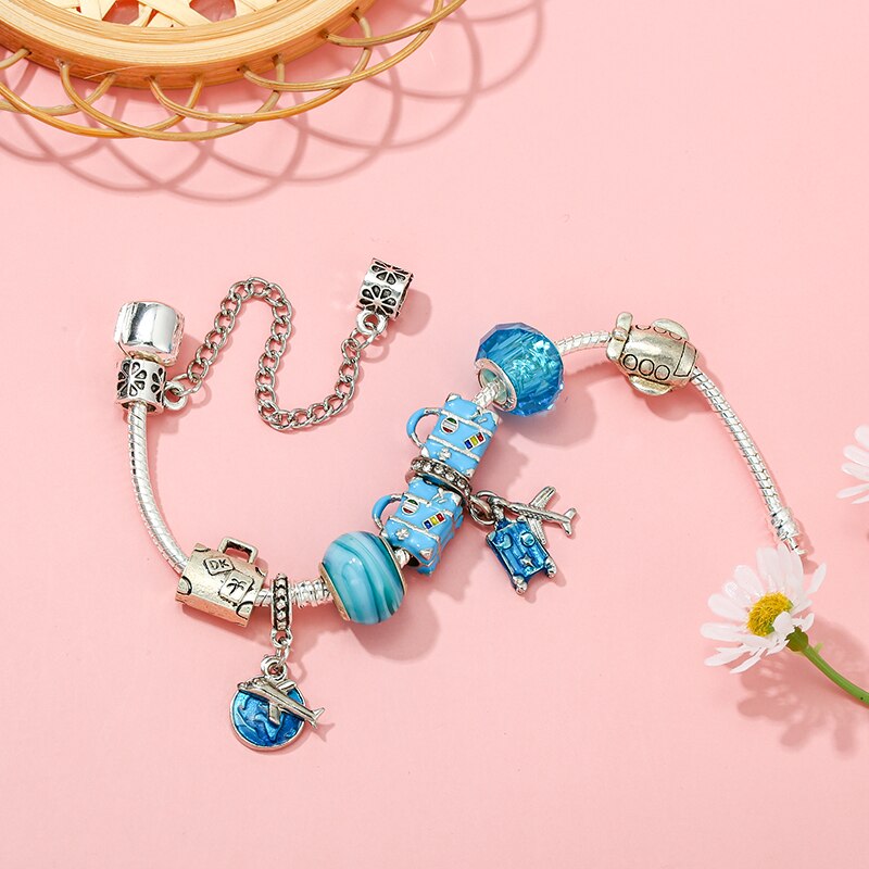 Travel Bag Beads Airplane Pendant Charm Bracelet For Women With Snake Chain Brand Bracelet  Jewelry