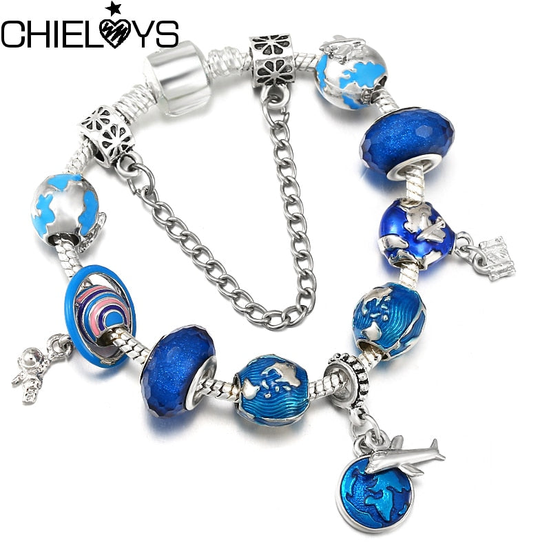 Travel Series Charm Bracelets With Plane Planet Earth Beads Bracelet Bangles For Women Men Pulseras Jewelry Gift