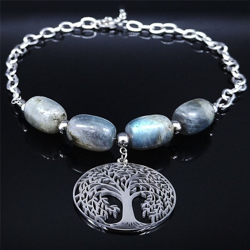 Tree Of Life Flash Stone Stainless Steel Necklaces for Women Silver Color Choker Necklace Jewelry collares mujer NXS04