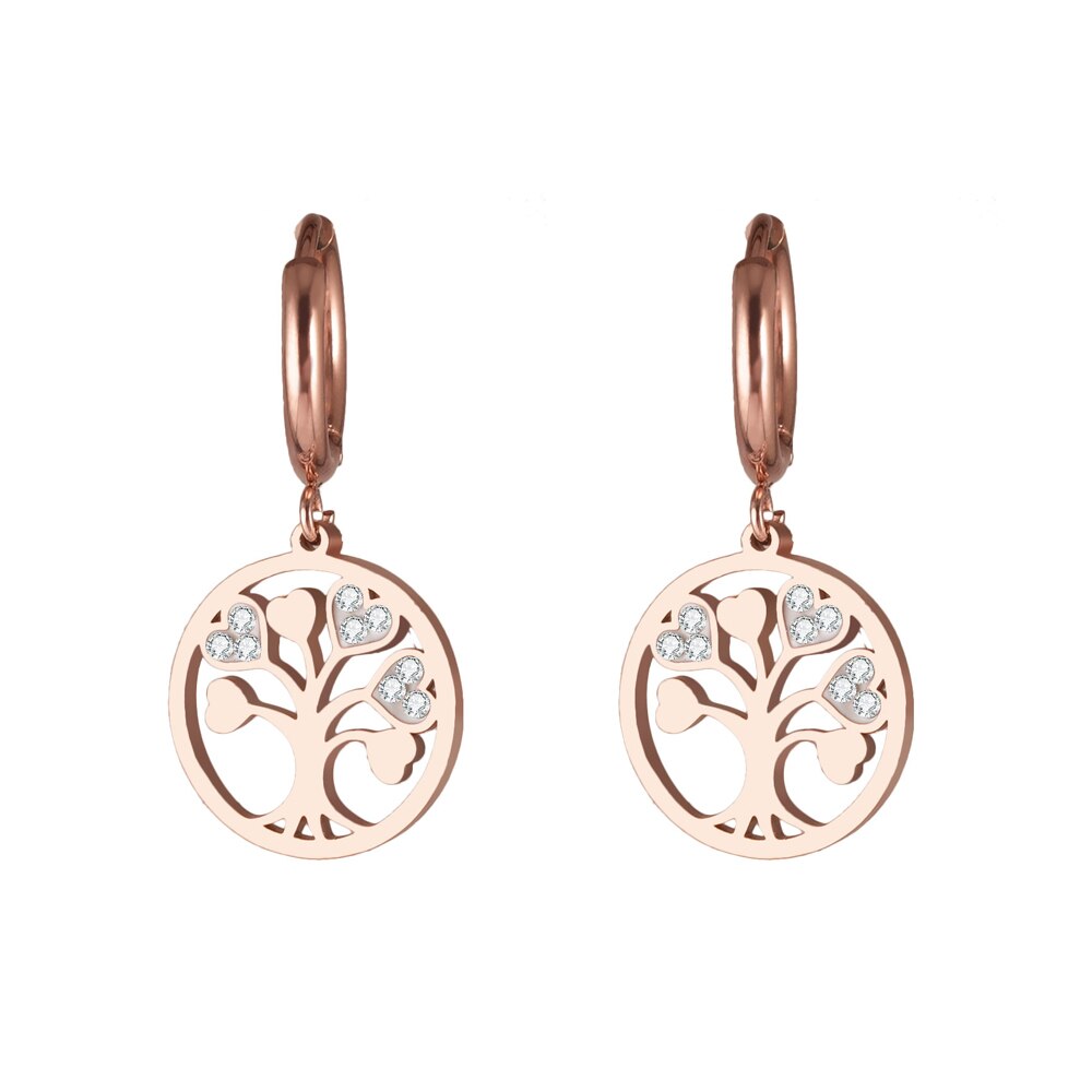 Tree Of Life Hoop Earrings For Woman Gold Color Crystal Small Round Pendant Earring Trendy Jewelry  Vintage Accessories