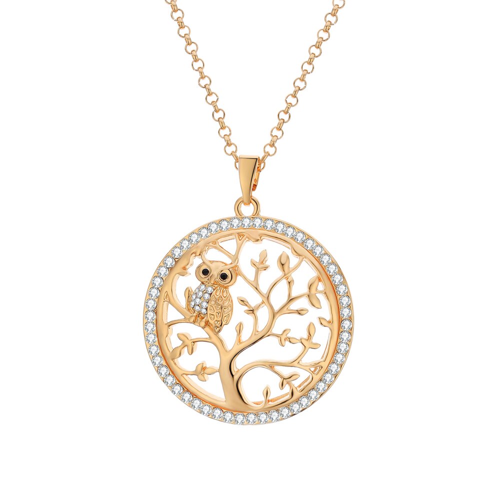Tree Of Life Necklace For Woman Gold Color Crystal Round Owl Pendant Female Necklaces Jewelry Party Gift Statement New
