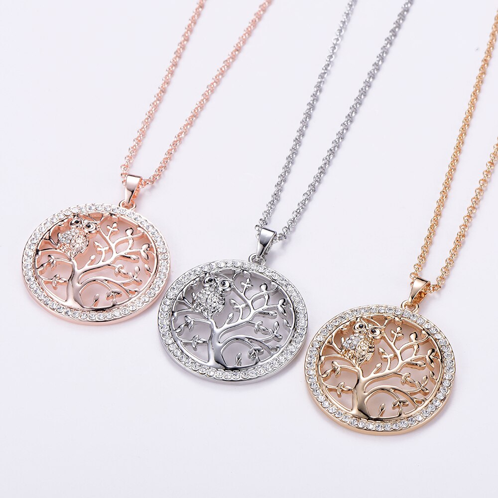 Tree Of Life Necklace For Woman Gold Color Crystal Round Owl Pendant Female Necklaces Jewelry Party Gift Statement New