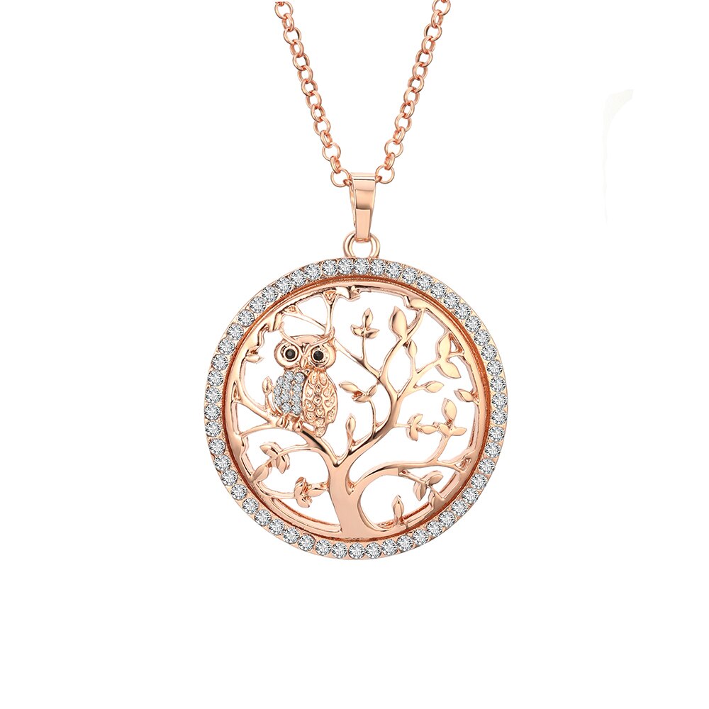 Tree Of Life Necklace For Woman Gold Color Crystal Round Owl Pendant Female Necklaces Jewelry Party Gift Statement New
