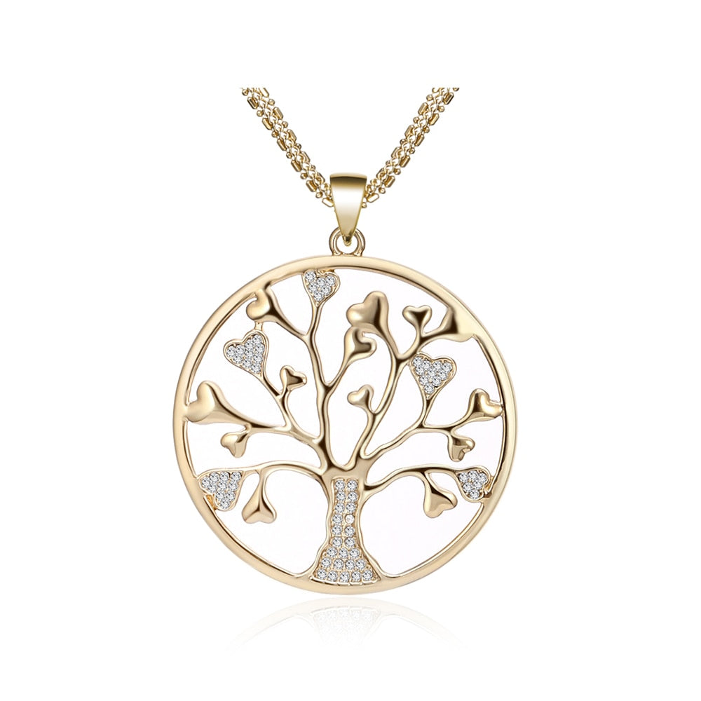 Tree Of Life Necklace For Woman Gold Color Three-Layer Chain Crystal Heart Round Pendant Necklaces For Woman Trendy Jewelry Gift