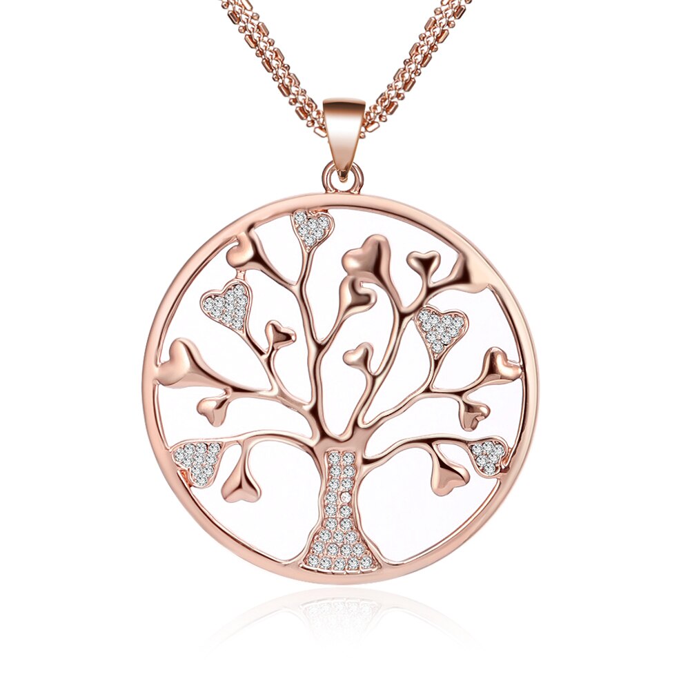 Tree Of Life Necklace For Woman Gold Color Three-Layer Chain Crystal Heart Round Pendant Necklaces For Woman Trendy Jewelry Gift