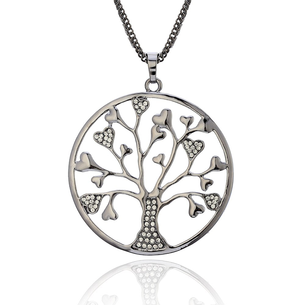 Tree Of Life Necklace For Woman Gold Color Three-Layer Chain Crystal Heart Round Pendant Necklaces For Woman Trendy Jewelry Gift