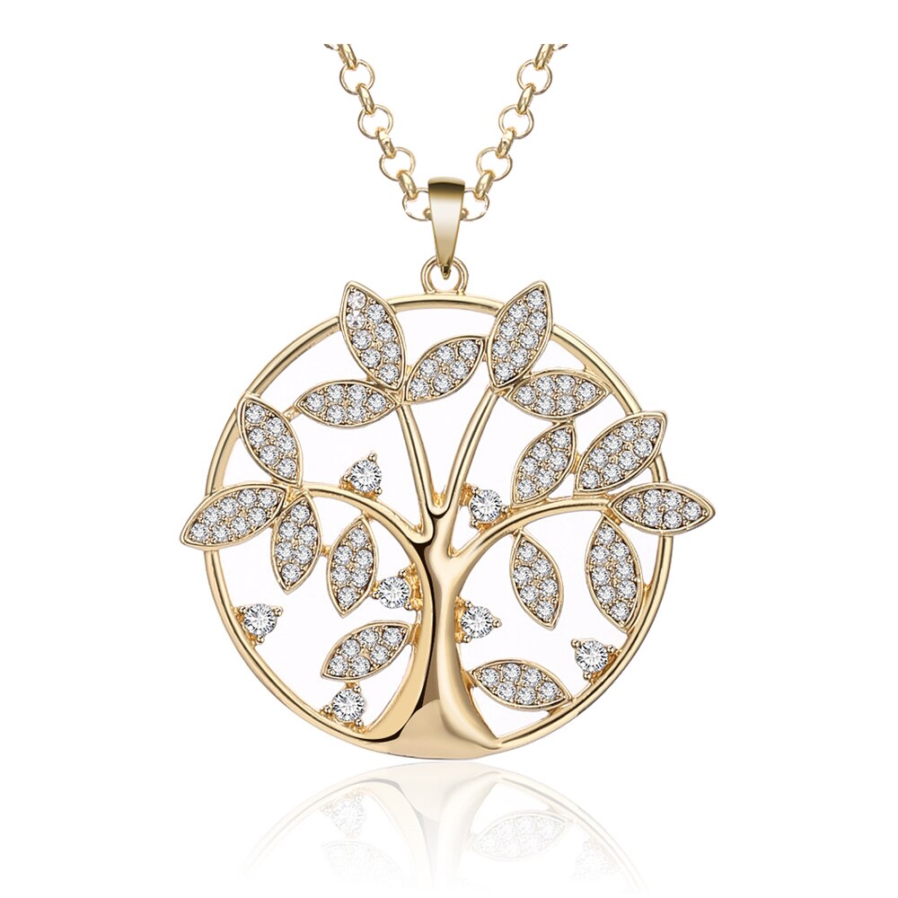 Tree Of Life Necklace For Woman Gold Silver Color Long Link Chain Crystal Big Round Pendant Necklaces Jewelry Gift Accessories