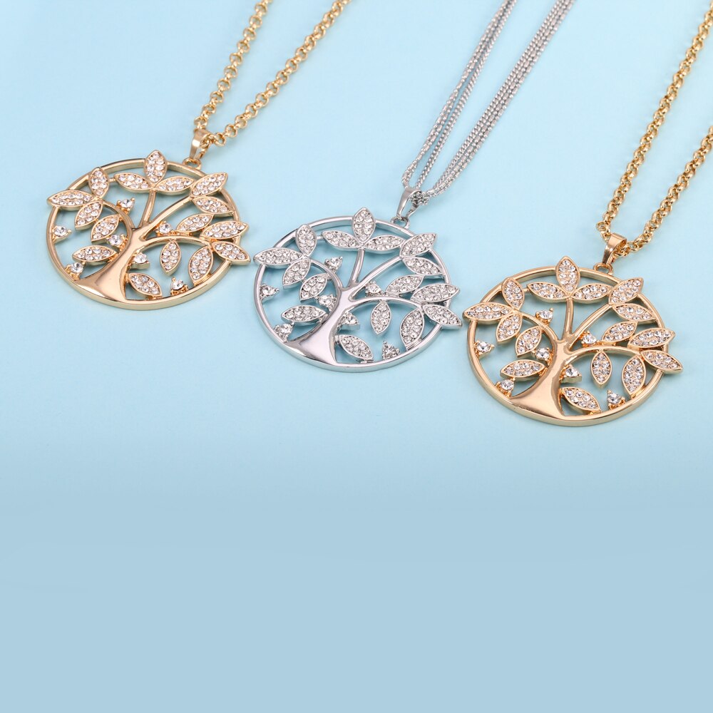 Tree Of Life Necklace For Woman Gold Silver Color Long Link Chain Crystal Big Round Pendant Necklaces Jewelry Gift Accessories