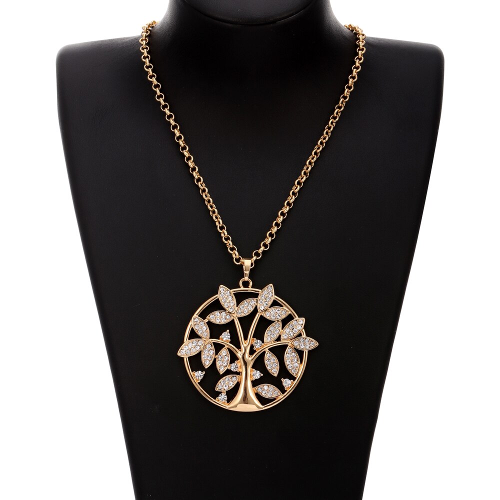 Tree Of Life Necklace For Woman Gold Silver Color Long Link Chain Crystal Big Round Pendant Necklaces Jewelry Gift Accessories