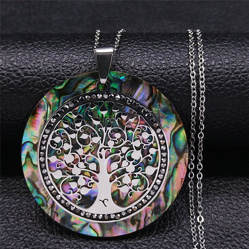 Tree of Life Crystal Stainless Steel Chain Necklaces Women Silver Color Big Necklaces Pendants Jewelry collar mujer NXS04
