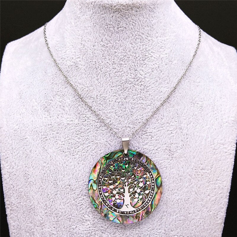 Tree of Life Crystal Stainless Steel Chain Necklaces Women Silver Color Big Necklaces Pendants Jewelry collar mujer NXS04