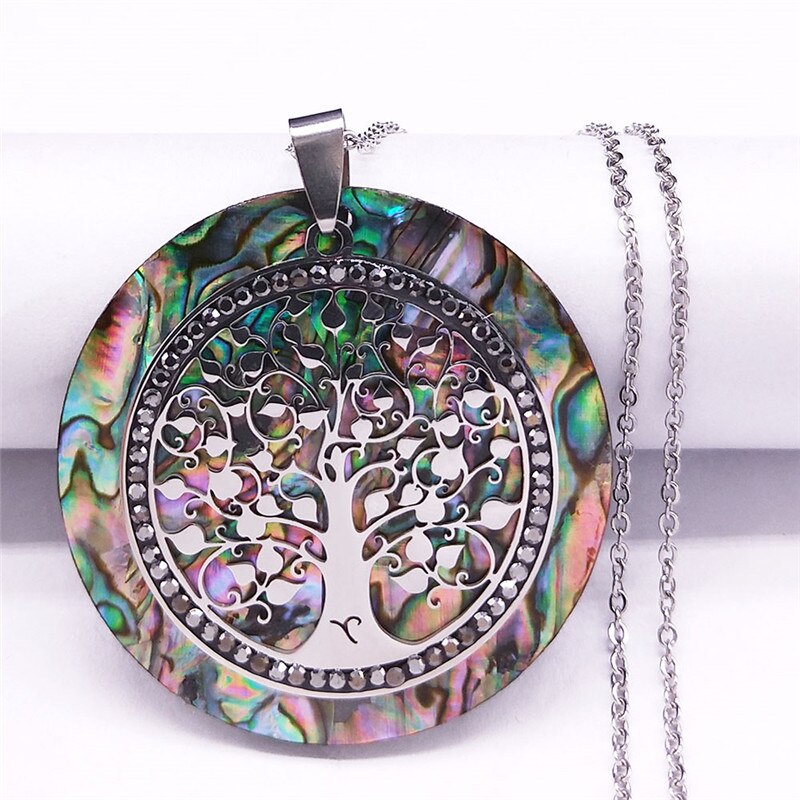 Tree of Life Crystal Stainless Steel Chain Necklaces Women Silver Color Big Necklaces Pendants Jewelry collar mujer NXS04