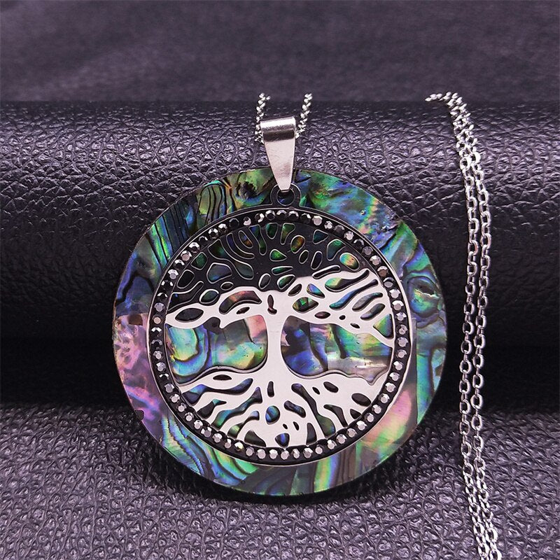 Tree of Life Crystal Stainless Steel Chain Necklaces Women Silver Color Big Necklaces Pendants Jewelry collar mujer NXS04