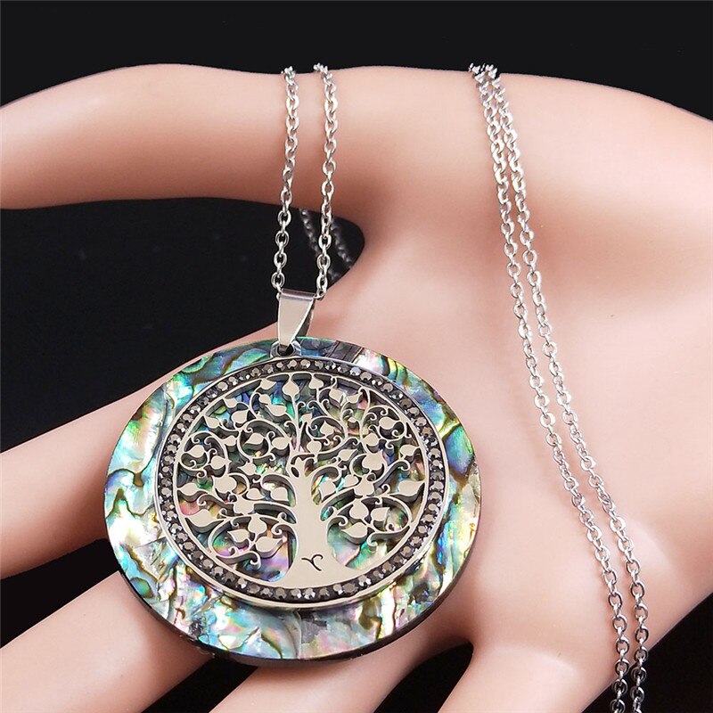 Tree of Life Crystal Stainless Steel Chain Necklaces Women Silver Color Big Necklaces Pendants Jewelry collar mujer NXS04