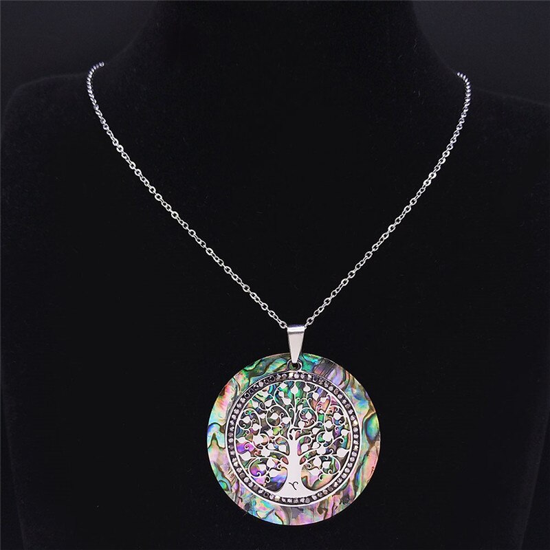 Tree of Life Crystal Stainless Steel Chain Necklaces Women Silver Color Big Necklaces Pendants Jewelry collar mujer NXS04
