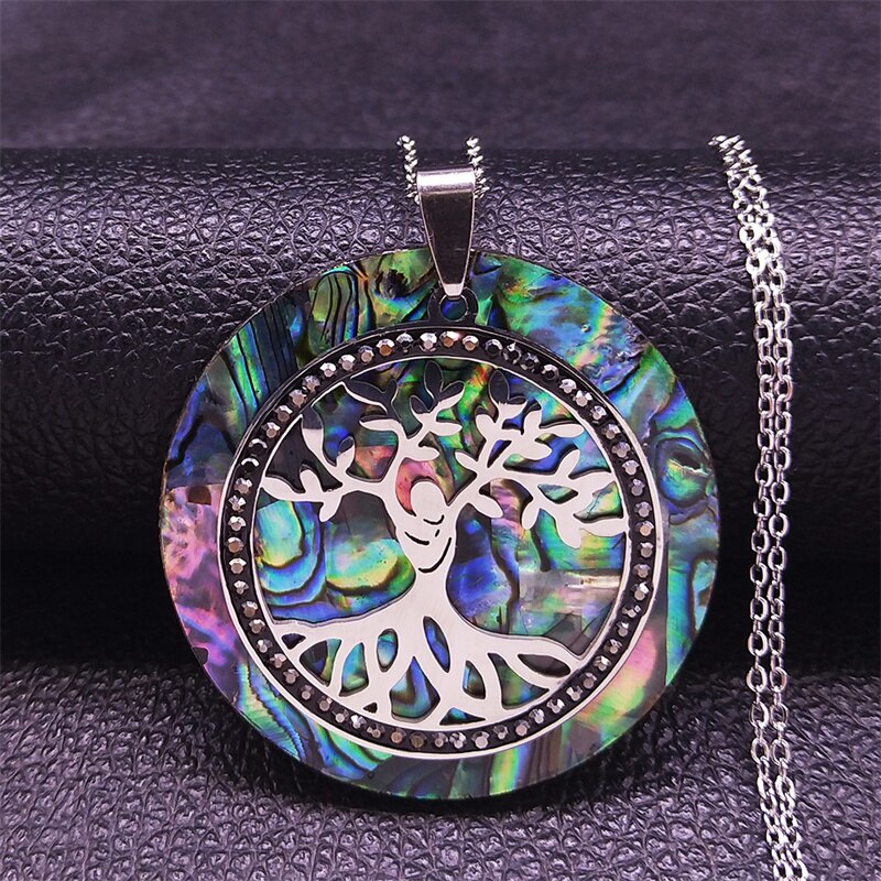 Tree of Life Crystal Stainless Steel Chain Necklaces Women Silver Color Big Necklaces Pendants Jewelry collar mujer NXS04