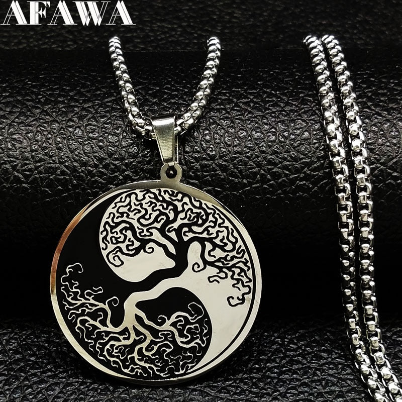Tree of Life Enamel Stainless Steel Chain Necklaces for Men Ying Yang Silver Color Necklace Jewelry colgante hombre N726S01