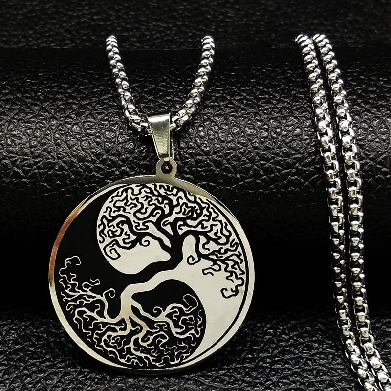 Tree of Life Enamel Stainless Steel Chain Necklaces for Men Ying Yang Silver Color Necklace Jewelry colgante hombre N726S01