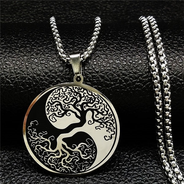Tree of Life Enamel Stainless Steel Chain Necklaces for Men Ying Yang Silver Color Necklace Jewelry colgante hombre N726S01