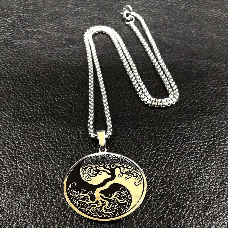 Tree of Life Enamel Stainless Steel Chain Necklaces for Men Ying Yang Silver Color Necklace Jewelry colgante hombre N726S01