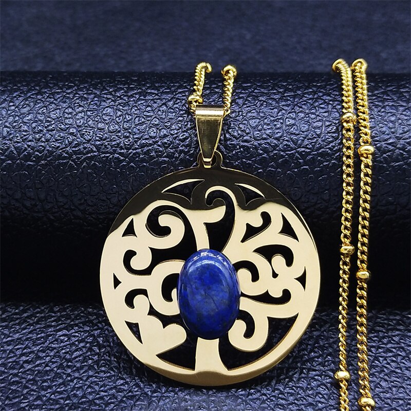 Tree of Life Lapis Lazuli Stainless Steel Chain Necklaces Women Gold Color Necklaces Bohemia Jewelry colier femme N14S04