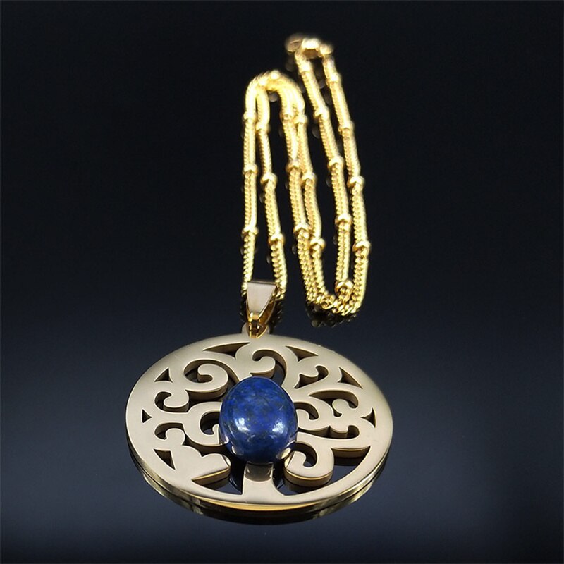 Tree of Life Lapis Lazuli Stainless Steel Chain Necklaces Women Gold Color Necklaces Bohemia Jewelry colier femme N14S04