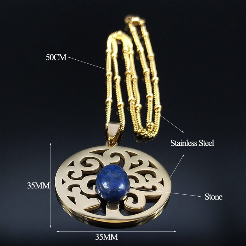 Tree of Life Lapis Lazuli Stainless Steel Chain Necklaces Women Gold Color Necklaces Bohemia Jewelry colier femme N14S04