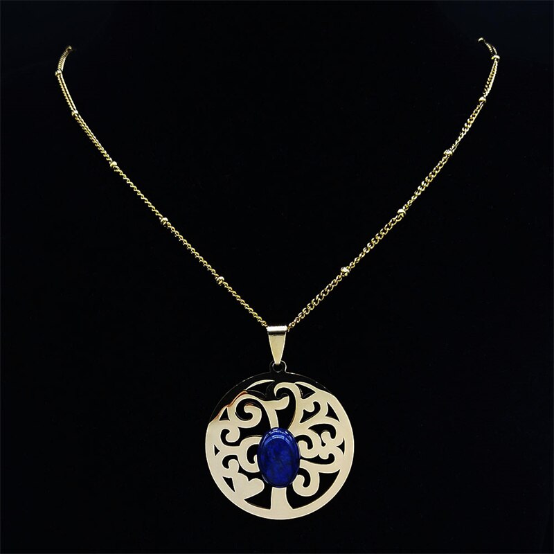 Tree of Life Lapis Lazuli Stainless Steel Chain Necklaces Women Gold Color Necklaces Bohemia Jewelry colier femme N14S04
