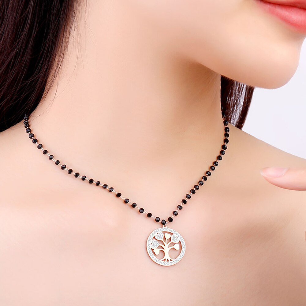 Tree of Life Necklaces for Women Beaded Chain Crystal Pendant Necklace Hearts Rose Gold Stainless Steel Jewelry 2022 Gifts