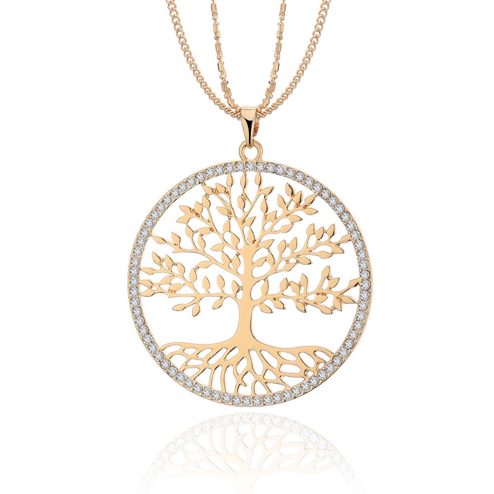 Tree of Life Pendant Necklace For Woman Clear Crystal Big Round Pendant Gold Color Long Double Layer Chain Jewelry 2022