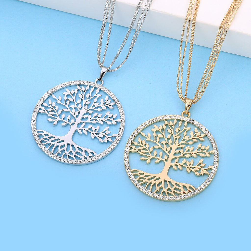 Tree of Life Pendant Necklace For Woman Clear Crystal Big Round Pendant Gold Color Long Double Layer Chain Jewelry 2022