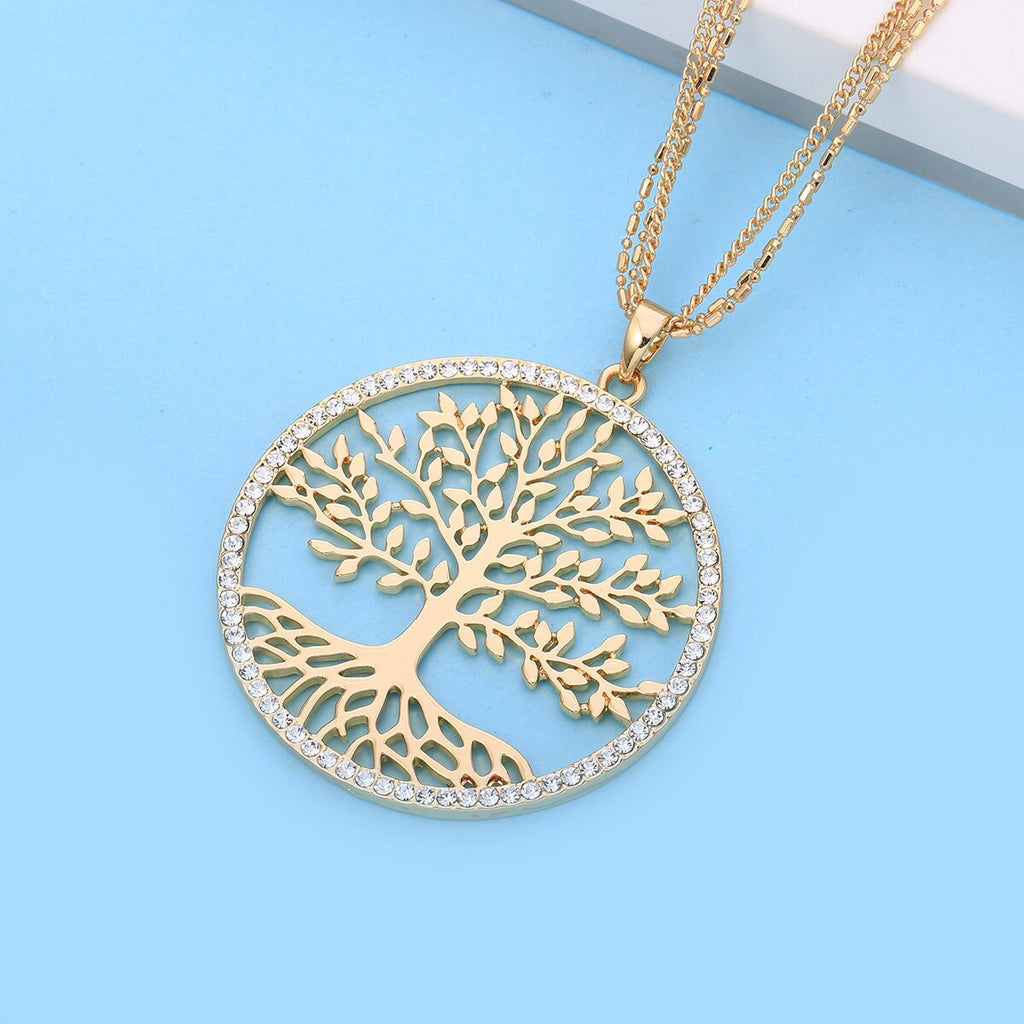 Tree of Life Pendant Necklace For Woman Clear Crystal Big Round Pendant Gold Color Long Double Layer Chain Jewelry 2022