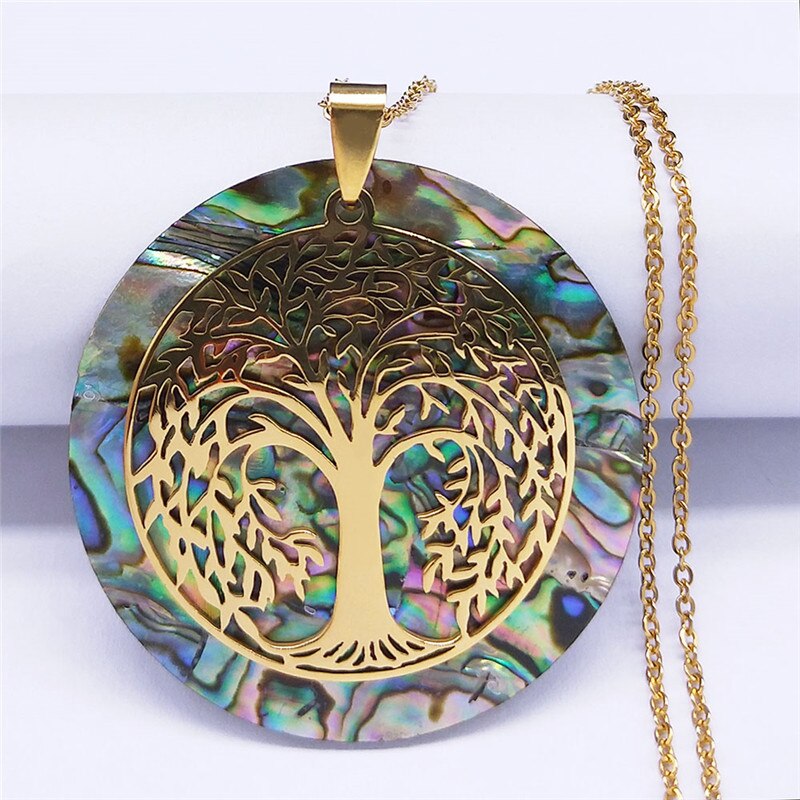 Tree of Life Stainless Steel Abalone Shell Paper Necklace Chain Gold Color Necklaces Round Boho Jewelry collar choker NXS04