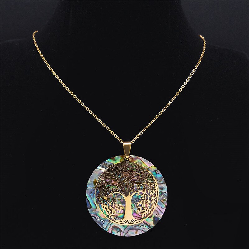 Tree of Life Stainless Steel Abalone Shell Paper Necklace Chain Gold Color Necklaces Round Boho Jewelry collar choker NXS04