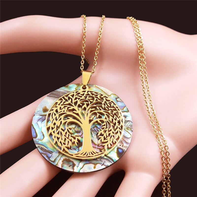Tree of Life Stainless Steel Abalone Shell Paper Necklace Chain Gold Color Necklaces Round Boho Jewelry collar choker NXS04
