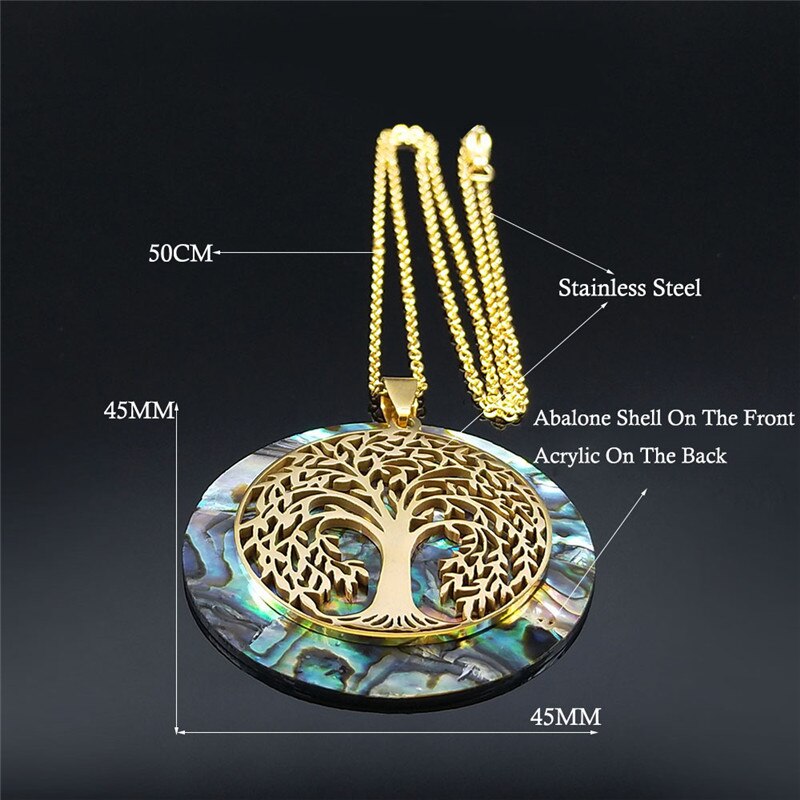 Tree of Life Stainless Steel Abalone Shell Paper Necklace Chain Gold Color Necklaces Round Boho Jewelry collar choker NXS04