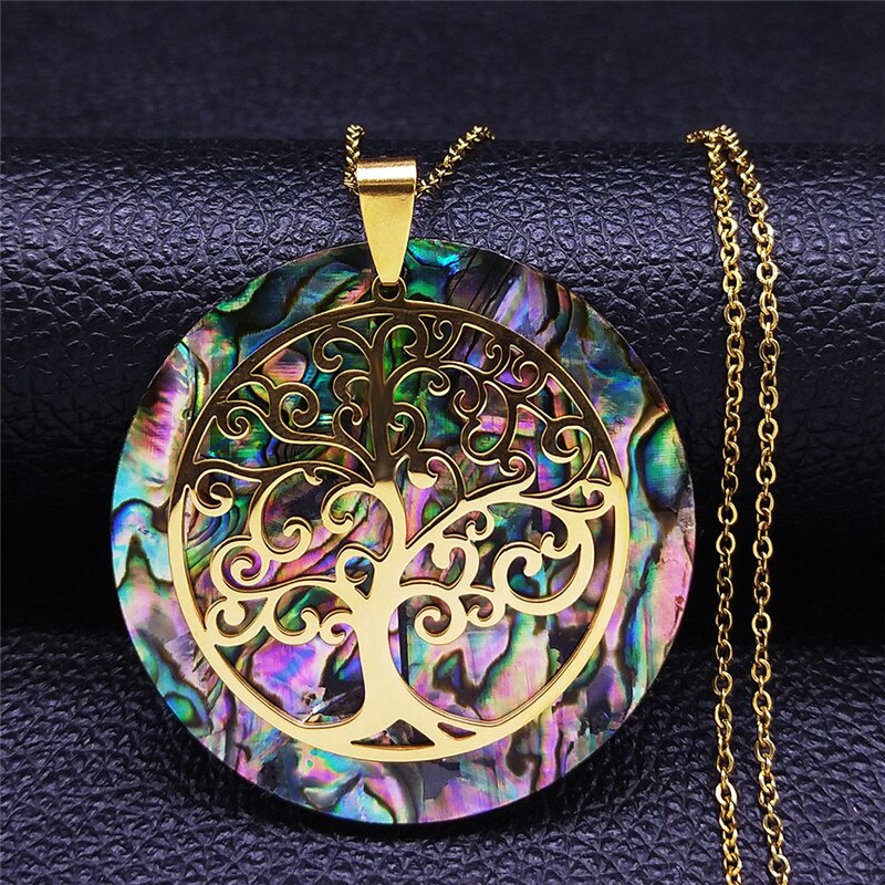 Tree of Life Stainless Steel Abalone Shell Paper Necklace Chain Gold Color Necklaces Round Boho Jewelry collar choker NXS04