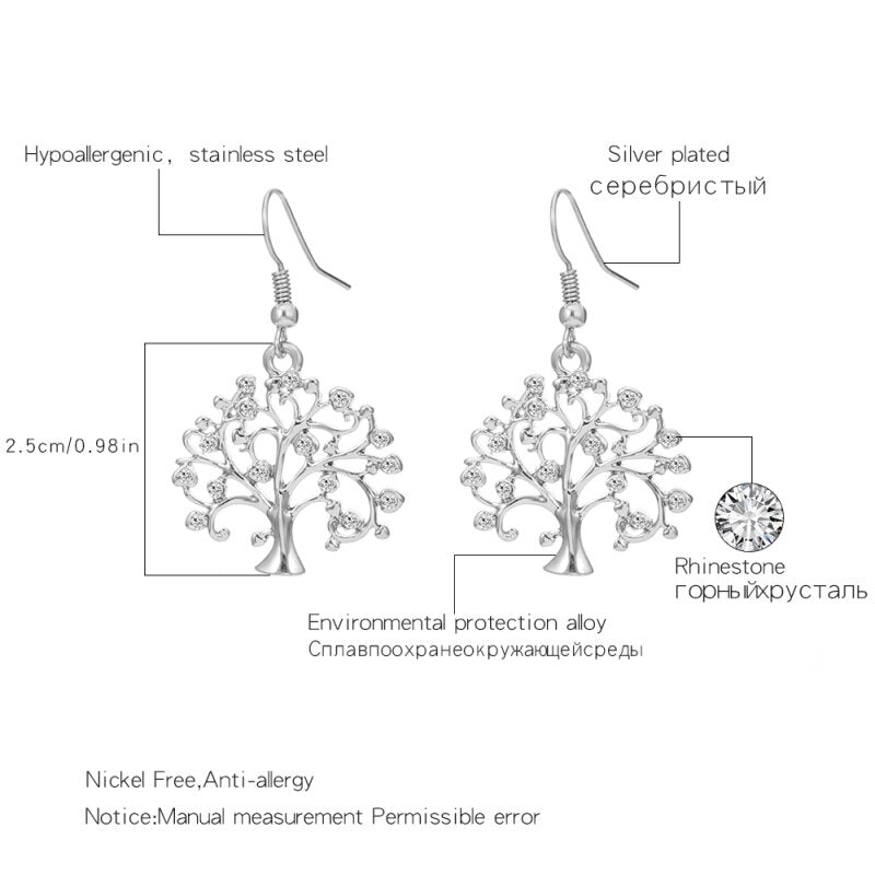 Tree of Life Women Earrings Jewelry Gold/Rose Gold/Silver Color Plant Crystal Drop Earrings For Girls Jewelry Drop Shipping