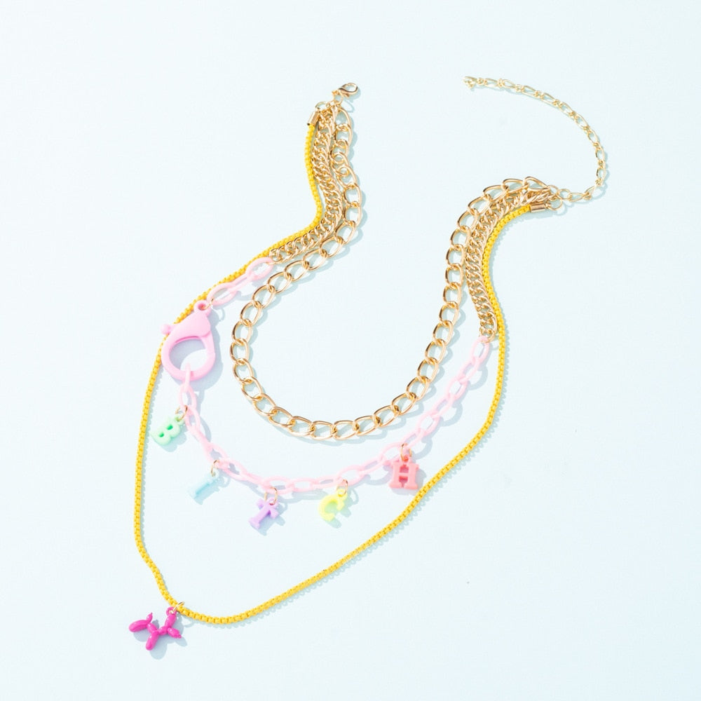 Trend INS Gold Color Multi-layer Bitch Necklace for Woman Cartoon Balloon Dog Letter Necklace Party Gift Punk Hip Hop Jewelry