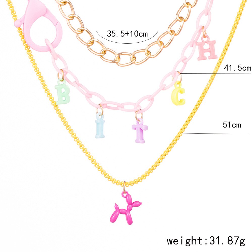 Trend INS Gold Color Multi-layer Bitch Necklace for Woman Cartoon Balloon Dog Letter Necklace Party Gift Punk Hip Hop Jewelry