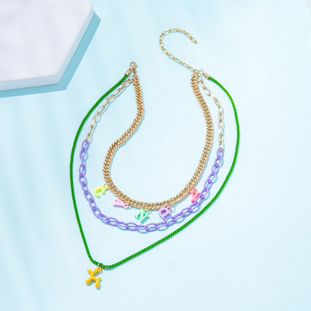 Trend INS Gold Color Multi-layer Bitch Necklace for Woman Cartoon Balloon Dog Letter Necklace Party Gift Punk Hip Hop Jewelry