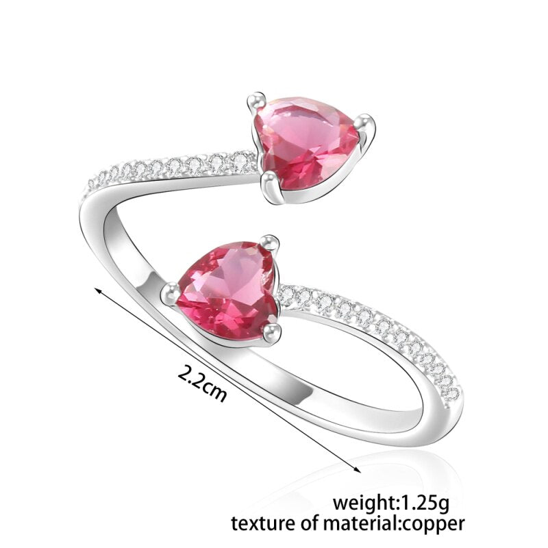 Trend Personality Colorful Stones Silvery Rings Jewelry Red Black Green Blue Crystal Heart Opening Rings for Women 2022