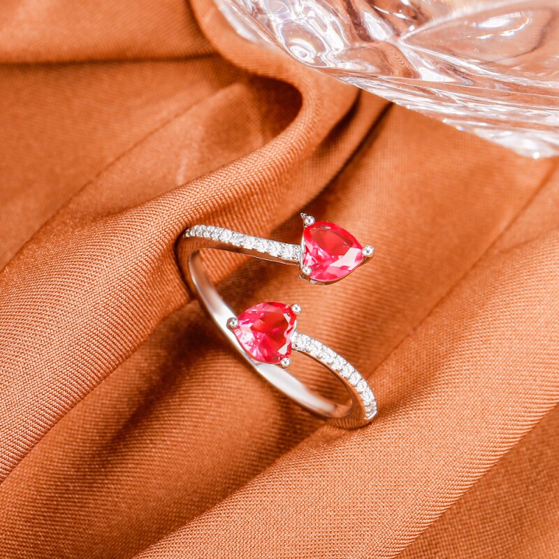 Trend Personality Colorful Stones Silvery Rings Jewelry Red Black Green Blue Crystal Heart Opening Rings for Women 2022