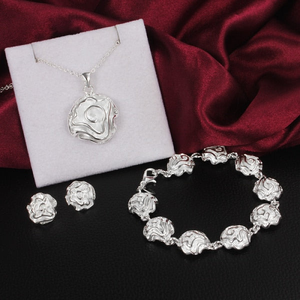 Trend Pretty rose flower 925 Sterling Silver Jewelry set earring stud Bracelet necklace for women Party Couple gifts