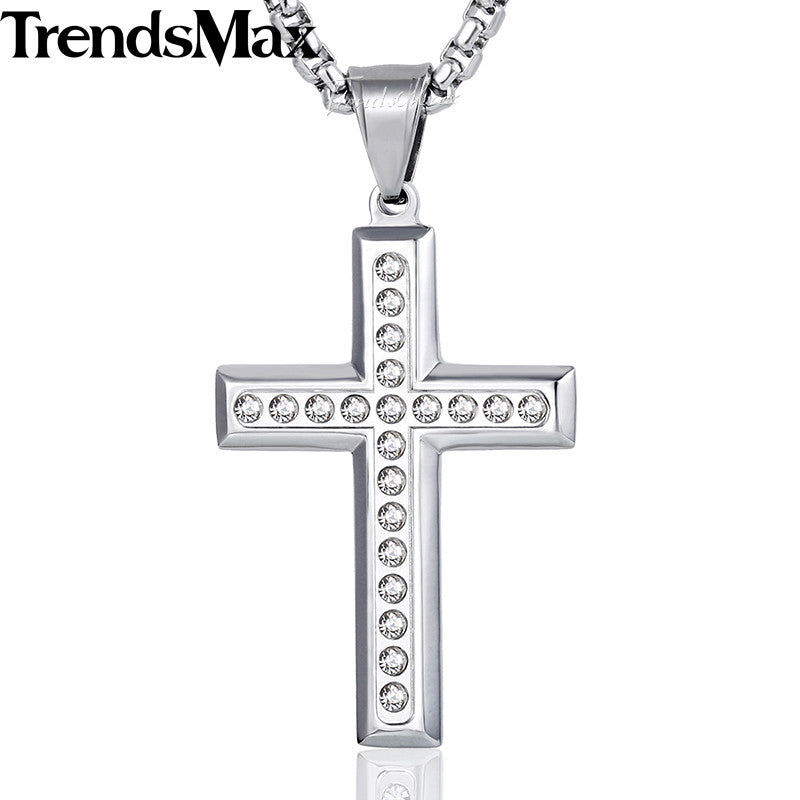 CZ Rhinestone Gold Silver Color Pendant Cross Necklace For Men Stainless Steel Men's Chain Jewelry KKPM128